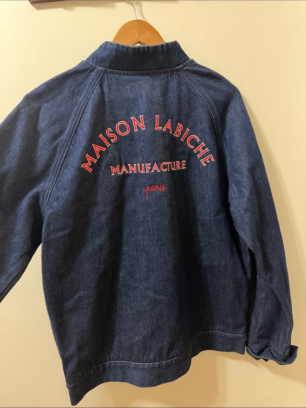 Maison Labiche Men's Dark Blue Denim Jacket with Red Embroidery Size XL